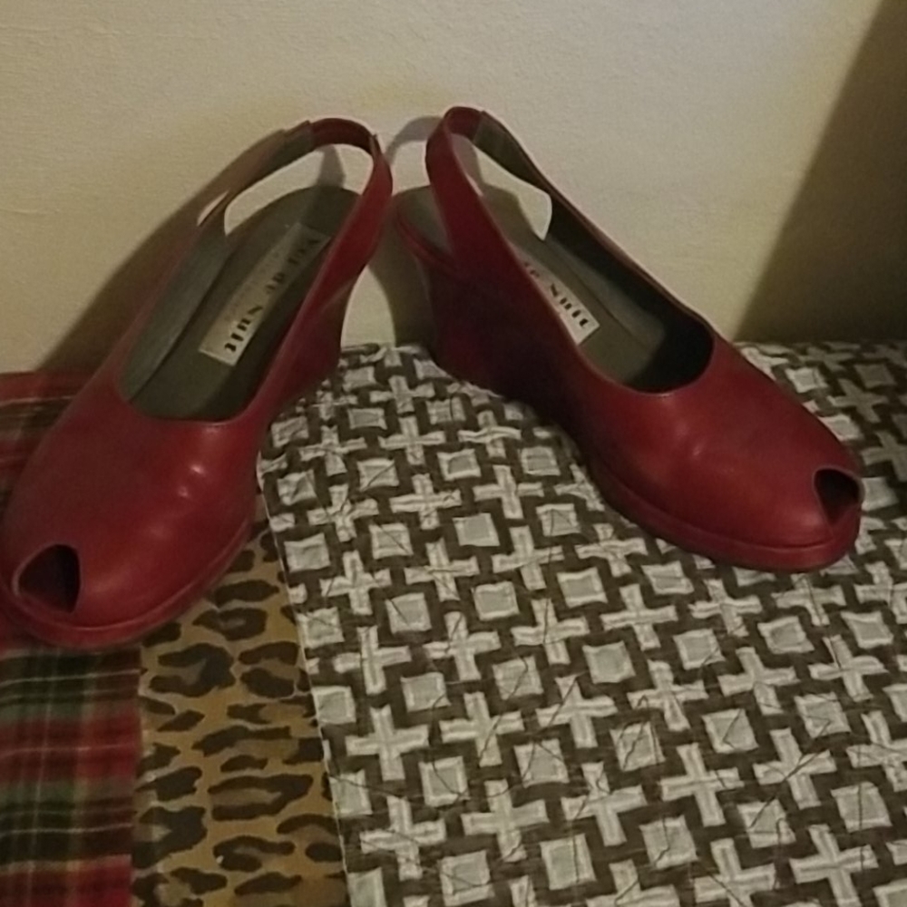 Red peep toe wedge heels